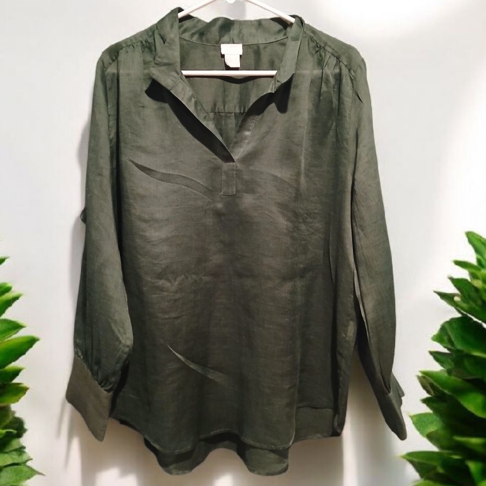 Chicos 2 Tunic Semi Sheer Green Womans Shirt Blouse size Large Lagenlook